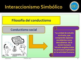 Filosofía del conductismo

         Conductismo social
                                          *su unidad de estudio
                                               es el acto, que
                                           comprende aspectos
                                            encubiertos como
                                            descubiertos de la
                                              acción humana
                                          *el acto engloba todos
                                         los procesos implicados
                                         en la actividad humana.

25/01/2012          Huacho-2011                                    11
 
