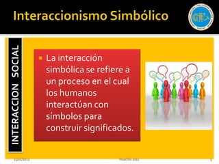 INTERACCION SOCIAL



                        La interacción
                         simbólica se refiere a
                         un proceso en el cual
                         los humanos
                         interactúan con
                         símbolos para
                         construir significados.


    25/01/2012                              Huacho-2011   5
 