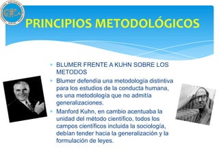 PRINCIPIOS METODOLÓGICOS

    BLUMER FRENTE A KUHN SOBRE LOS
    METODOS
    Blumer defendía una metodología distintiva
    para los estudios de la conducta humana,
    es una metodología que no admitía
    generalizaciones.
    Manford Kuhn, en cambio acentuaba la
    unidad del método científico, todos los
    campos científicos incluida la sociología,
    debían tender hacia la generalización y la
    formulación de leyes.
 