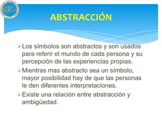 ABSTRACCIÓN

Los símbolos son abstractos y son usados
 para referir el mundo de cada persona y su
 percepción de las experiencias propias.
Mientras mas abstracto sea un símbolo,
 mayor posibilidad hay de que las personas
 le den diferentes interpretaciones.
Existe una relación entre abstracción y
 ambigüedad.
 