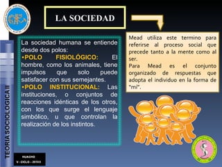 LA SOCIEDAD La sociedad humana se entiende desde dos polos: POLO FISIOLÓGICO:  El hombre, como los animales, tiene impulsos que solo puede satisfacer con sus semejantes. POLO INSTITUCIONAL:  Las instituciones, o conjuntos de reacciones idénticas de los otros, con los que surge el lenguaje simbólico, u que controlan la realización de los instintos. Mead utiliza este termino para referirse al proceso social que precede tanto a la mente como al ser. Para Mead es el conjunto organizado de respuestas que adopta el individuo en la forma de “mí”. 