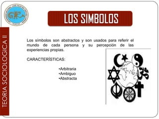 Los símbolos son abstractos y son usados para referir el
mundo de cada persona y su percepción de las
experiencias propias.

CARACTERÍSTICAS:

                •Arbitraria
                •Ambiguo
                •Abstracta
 