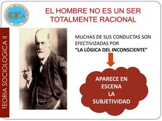 EL HOMBRE NO ES UN SER
 TOTALMENTE RACIONAL

      MUCHAS DE SUS CONDUCTAS SON
      EFECTIVIZADAS POR
      “LA LÓGICA DEL INCONSCIENTE”




             APARECE EN
               ESCENA
                 LA
            SUBJETIVIDAD
 