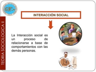 INTERACCIÓN SOCIAL




La Interacción social    es
un       proceso         de
relacionarse a base      de
comportamientos con     las
demás personas.
 