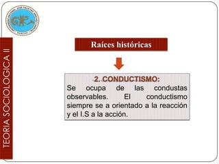 Raíces históricas




Se ocupa de las condustas
observables.        El conductismo
siempre se a orientado a la reacción
y el I.S a la acción.
 