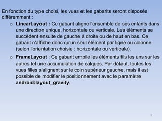 12
En fonction du type choisi, les vues et les gabarits seront disposés
différemment :
o LinearLayout : Ce gabarit aligne l'ensemble de ses enfants dans
une direction unique, horizontale ou verticale. Les éléments se
succèdent ensuite de gauche à droite ou de haut en bas. Ce
gabarit n'affiche donc qu'un seul élément par ligne ou colonne
(selon l'orientation choisie : horizontale ou verticale).
o FrameLayout : Ce gabarit empile les éléments fils les uns sur les
autres tel une accumulation de calques. Par défaut, toutes les
vues filles s'alignent sur le coin supérieur gauche, mais il est
possible de modifier le positionnement avec le paramètre
android:layout_gravity.
 