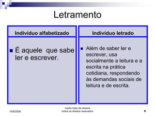Letramento
    Indivíduo alfabetizado                       Indivíduo letrado


   É aquele que sabe                     Além de saber ler e
                                           escrever, usa
    ler e escrever.                        socialmente a leitura e a
                                           escrita na prática
                                           cotidiana, respondendo
                                           às demandas sociais de
                                           leitura e de escrita.



                          marta melo de oliveira
10/8/2009              todos os direitos resevados                     5
 
