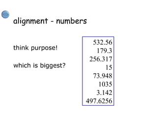 alignment - numbers
think purpose!
which is biggest?
532.56
179.3
256.317
15
73.948
1035
3.142
497.6256
 