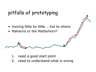 pitfalls of prototyping
• moving little by little … but to where
• Malverns or the Matterhorn?
1. need a good start point
2. need to understand what is wrong
 