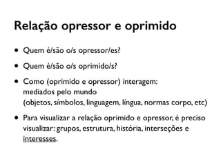 Relação opressor e oprimido
• Quem é/são o/s opressor/es?
• Quem é/são o/s oprimido/s?
• Como (oprimido e opressor) interagem:  
mediados pelo mundo  
(objetos, símbolos, linguagem, língua, normas corpo, etc)
• Para visualizar a relação oprimido e opressor, é preciso
visualizar: grupos, estrutura, história, interseções e
interesses.
 