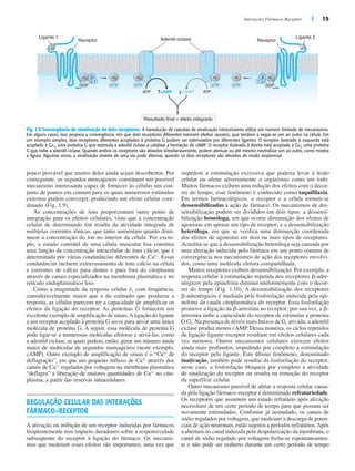 Interações Fármaco–Receptor | 15
pouco provável que muitos deles ainda sejam descobertos. Por
conseguinte, os segundos mensageiros constituem um possível
mecanismo interessante capaz de fornecer às células um con-
junto de pontos em comum para os quais numerosos estímulos
externos podem convergir, produzindo um efeito celular coor-
denado (Fig. 1.9).
As concentrações de íons proporcionam outro ponto de
integração para os efeitos celulares, visto que a concentração
celular de determinado íon resulta da atividade integrada de
múltiplas correntes iônicas, que tanto aumentam quanto dimi-
nuem a concentração do íon no interior da célula. Por exem-
plo, o estado contrátil de uma célula muscular lisa constitui
uma função da concentração intracelular de íons cálcio, que é
determinada por várias condutâncias diferentes de Ca2+
. Essas
condutâncias incluem extravasamento de íons cálcio na célula
e correntes de cálcio para dentro e para fora do citoplasma
através de canais especializados na membrana plasmática e no
retículo endoplasmático liso.
Como a magnitude da resposta celular é, com freqüência,
consideravelmente maior que a do estímulo que produziu a
resposta, as células parecem ter a capacidade de amplificar os
efeitos da ligação do receptor. As proteínas G fornecem um
excelente exemplo de amplificação de sinais.Aligação do ligante
a um receptor acoplado à proteína G serve para ativar uma única
molécula de proteína G. A seguir, essa molécula de proteína G
pode ligar-se a numerosas moléculas efetoras e ativá-las, como
a adenilil ciclase, as quais podem, então, gerar um número ainda
maior de moléculas de segundos mensageiros (neste exemplo,
cAMP). Outro exemplo de amplificação de sinais é o “Ca2+
de
deflagração”, em que um pequeno influxo de Ca2+
através dos
canais de Ca2+
regulados por voltagem na membrana plasmática
“deflagra” a liberação de maiores quantidades de Ca2+
no cito-
plasma, a partir das reservas intracelulares.
REGULAÇÃO CELULAR DAS INTERAÇÕES
FÁRMACO–RECEPTOR
A ativação ou inibição de um receptor induzidas por fármacos
freqüentemente tem impacto duradouro sobre a responsividade
subseqüente do receptor à ligação do fármaco. Os mecanis-
mos que medeiam esses efeitos são importantes, uma vez que
impedem a estimulação excessiva que poderia levar à lesão
celular ou afetar adversamente o organismo como um todo.
Muitos fármacos exibem uma redução dos efeitos com o decor-
rer do tempo; esse fenômeno é conhecido como taquifilaxia.
Em termos farmacológicos, o receptor e a célula tornam-se
dessensibilizados à ação do fármaco. Os mecanismos de des-
sensibilização podem ser divididos em dois tipos: a dessensi-
bilização homóloga, em que ocorre diminuição dos efeitos de
agonistas em apenas um tipo de receptor; e a dessensibilização
heteróloga, em que se verifica uma diminuição coordenada
dos efeitos de agonistas em dois ou mais tipos de receptores.
Acredita-se que a dessensibilização heteróloga seja causada por
uma alteração induzida pelo fármaco em um ponto comum de
convergência nos mecanismos de ação dos receptores envolvi-
dos, como uma molécula efetora compartilhada.
Muitos receptores exibem dessensibilização. Por exemplo, a
resposta celular à estimulação repetida dos receptores ␤-adre-
nérgicos pela epinefrina diminui uniformemente com o decor-
rer do tempo (Fig. 1.10). A dessensibilização dos receptores
␤-adrenérgicos é mediada pela fosforilação induzida pela epi-
nefrina da cauda citoplasmática do receptor. Essa fosforilação
promove a ligação da ␤-arrestina ao receptor; por sua vez, a ␤-
arrestina inibe a capacidade do receptor de estimular a proteína
G Gs. Na presença de níveis mais baixos de Gs ativada, a adenilil
ciclase produz menos cAMP. Dessa maneira, os ciclos repetidos
de ligação ligante–receptor resultam em efeitos celulares cada
vez menores. Outros mecanismos celulares exercem efeitos
ainda mais profundos, impedindo por completo a estimulação
do receptor pelo ligante. Este último fenômeno, denominado
inativação, também pode resultar da fosforilação do receptor;
neste caso, a fosforilação bloqueia por completo a atividade
de sinalização do receptor ou resulta na remoção do receptor
da superfície celular.
Outro mecanismo passível de afetar a resposta celular causa-
da pela ligação fármaco–receptor é denominado refratariedade.
Os receptores que assumem um estado refratário após ativação
necessitam de um certo período de tempo para que possam ser
novamente estimulados. Conforme já assinalado, os canais de
sódio regulados por voltagem, que medeiam a descarga de poten-
ciais de ação neuronais, estão sujeitos a períodos refratários.Após
a abertura do canal induzida pela despolarização da membrana, o
canal de sódio regulado por voltagem fecha-se espontaneamen-
te e não pode ser reaberto durante um certo período de tempo
ATP cAMP ATP
cAMP
β
γ
β
γ
GTP
αs
GTP
αs
GDP
αs
GTP
αi
GTP
αi
GDP
αi
Resultado final = efeito integrado
Receptor
Ligante 1 Ligante 2
Receptor
Adenilil ciclase
Fig. 1.9 Convergência de sinalização de dois receptores. A transdução de cascatas de sinalização intracelulares utiliza um número limitado de mecanismos.
Em alguns casos, isso propicia a convergência, em que dois receptores diferentes exercem efeitos opostos, que tendem a negar-se um ao outro na célula. Em
um exemplo simples, dois receptores diferentes acoplados à proteína G podem ser estimulados por diferentes ligantes. O receptor ilustrado à esquerda está
acoplado à G␣s, uma proteína G que estimula a adenilil ciclase a catalisar a formação de cAMP. O receptor ilustrado à direita está acoplado à G␣i, uma proteína
G que inibe a adenilil ciclase. Quando ambos os receptores são ativados simultaneamente, podem atenuar ou até mesmo neutralizar um ao outro, como mostra
a figura. Algumas vezes, a sinalização através de uma via pode alternar, quando os dois receptores são ativados de modo seqüencial.
 