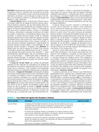Interações Fármaco–Receptor | 5
hidrofílicos freqüentemente localizam-se na superfície externa
da proteína. Uma vez concluído todo esse processo de torção
e dobramento, cada proteína assume uma forma peculiar que
determina a sua função, a sua localização no corpo, a sua rela-
ção com as membranas celulares e as interações de ligação com
fármacos e outras moléculas.
O sítio de ligação refere-se ao local onde o fármaco liga-se
ao receptor. Cada sítio de ligação de fármacos possui caracte-
rísticas químicas singulares, que são determinadas pelas pro-
priedades específicas dos aminoácidos que compõem o sítio de
ligação. A estrutura tridimensional, a forma e a reatividade do
sítio, bem como a estrutura inerente, a forma e a reatividade
do fármaco, determinam a orientação do fármaco em relação
ao receptor e estabelecem a intensidade de ligação entre essas
moléculas. A ligação fármaco–receptor resulta de múltiplas
interações químicas entre as duas moléculas, algumas das quais
são bastante fracas (como as forças de van der Waals), enquanto
outras são extremamente fortes (como a ligação covalente). A
soma total dessas interações proporciona a especificidade da
interação fármaco–receptor global. A favorabilidade de uma
interação fármaco–receptor é designada como afinidade do
fármaco pelo seu sítio de ligação no receptor. Esse conceito
é discutido de modo mais pormenorizado no Cap. 2. A quími-
ca do ambiente local onde ocorrem essas interações — como
hidrofobicidade, hidrofilicidade e pKa dos aminoácidos próxi-
mo ao sítio de ligação — também pode afetar a afinidade da
interação fármaco–receptor. As principais forças que contri-
buem para a afinidade fármaco–receptor são descritas adiante
e no Quadro 1.1.
As forças de van der Waals, que resultam da polaridade
induzida em uma molécula em conseqüência da mudança de
densidade de seus elétrons, proporcionam uma força fraca de
atração para os fármacos e seus receptores. Essa polaridade
induzida constitui um componente ubíquo de todas as interações
moleculares. A ligação de hidrogênio, mediada pela interação
entre átomos de polarização positiva (como o hidrogênio fixado
ao nitrogênio ou oxigênio) e átomos de polarização negativa
(como o oxigênio, o nitrogênio ou o enxofre), resulta em liga-
ções de força significativa.As ligações de hidrogênio produzem
lâminas ␤ pregueadas e hélices ␣ em sua estrutura. As intera-
ções iônicas, que ocorrem entre átomos de cargas opostas, são
mais fortes do que as ligações de hidrogênio, porém menos
intensas do que as ligações covalentes. A ligação covalente
resulta do compartilhamento de um par de elétrons entre dois
átomos em diferentes moléculas. As interações covalentes são
tão fortes que, na maioria dos casos, são essencialmente irre-
versíveis. O Quadro 1.1 indica o mecanismo de interação e a
força relativa de cada um desses tipos de ligação. Conforme
assinalado anteriormente, o ambiente onde ocorre a interação
entre fármacos e receptores também afeta a favorabilidade da
ligação. O efeito hidrofóbico refere-se ao mecanismo pelo qual
as propriedades singulares do solvente universal, a água, inten-
sifica a interação de uma molécula hidrofóbica com um sítio
de ligação hidrofóbico.
A ligação fármaco–receptor raramente é produzida por
um único tipo de interação; na verdade, é uma combinação
dessas interações de ligação que proporciona ao fármaco e a
seu receptor as forças necessárias para formar um complexo
fármaco–receptor estável. Em geral, a maioria das interações
fármaco–receptor é constituída por múltiplas forças fracas: uma
interação fármaco–receptor típica pode consistir em 10 ou mais
interações de van der Waals e em algumas ligações de hidro-
gênio; as interações iônicas e a ligação covalente são muito
menos comuns. Por exemplo, o imatinibe estabelece numerosas
interações de van der Waals e ligações de hidrogênio com o
sítio de ligação do ATP na BCR-Abl tirosinocinase. A soma
total dessas forças cria uma forte interação (alta afinidade) entre
esse fármaco e seu receptor (Fig. 1.2).
Apesar de serem relativamente raras, as interações cova-
lentes entre um fármaco e seu receptor representam um caso
especial. Com freqüência, a formação de uma ligação cova-
lente é essencialmente irreversível, e nesses casos o fármaco
e o receptor formam um complexo inativo. Para readquirir a
sua atividade, a célula precisa sintetizar uma nova molécula de
receptor para substituir a proteína inativada; por outro lado, a
molécula do fármaco que também faz parte do complexo inati-
vo não está disponível para inibir outras moléculas do receptor.
Os fármacos que modificam seus receptores-alvo (freqüente-
mente enzimas) através desse mecanismo são algumas vezes
denominados substratos suicidas.
A estrutura molecular de um fármaco é que determina as
propriedades físicas e químicas que contribuem para sua liga-
ção específica ao receptor. Os fatores importantes incluem a
hidrofobicidade, o estado de ionização (pKa), a conformação e
a estereoquímica da molécula do fármaco. Todos esses fatores
combinam-se para estabelecer a complementaridade do fárma-
co com o sítio de ligação. As bolsas de ligação dos receptores
são altamente específicas, e pequenas alterações no fármaco
podem ter um acentuado efeito sobre a afinidade da interação
fármaco–receptor. Por exemplo, a estereoquímica do fármaco
possui grande impacto sobre a força da interação de ligação.
A varfarina é sintetizada e administrada como mistura racê-
QUADRO 1.1 Força Relativa das Ligações entre Receptores e Fármacos
TIPO DE LIGAÇÃO MECANISMO FORÇA DA LIGAÇÃO
van der Waals A mudança de densidade de elétrons em áreas de uma molécula ou em uma
molécula como um todo resulta na geração de cargas positivas ou negativas
transitórias. Essas áreas interagem com áreas transitórias de carga oposta
sobre outra molécula.
+
Hidrogênio Os átomos de hidrogênio ligados ao nitrogênio ou oxigênio tornam-se mais
positivamente polarizados, permitindo a sua ligação a átomos de polarização
mais negativa, como oxigênio, nitrogênio ou enxofre.
+ +
Iônica Os átomos com excesso de elétrons (conferindo ao átomo uma carga negativa
global) são atraídos por átomos com deficiência de elétrons (conferindo ao
átomo uma carga positiva global).
+ + +
Covalente Dois átomos em ligação compartilham elétrons. + + + +
 