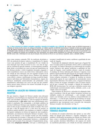 6 | Capítulo Um
mica (uma mistura contendo 50% da molécula dextrógira e
50% da molécula levógira); todavia, o enantiômero S é quatro
vezes mais potente do que o enantiômero R, em virtude de
uma interação mais forte da forma S com o seu sítio de liga-
ção na vitamina K epóxido redutase. A estereoquímica também
pode afetar a toxicidade nos casos em que um enantiômero de
um fármaco produz o efeito terapêutico desejado, enquanto o
outro enantiômero exerce um efeito tóxico indesejável, talvez
em virtude de uma interação com um segundo receptor ou de
seu metabolismo a uma espécie tóxica. Embora seja algumas
vezes difícil a síntese e purificação em larga escala de enanti-
ômeros individuais por laboratórios farmacêuticos, alguns dos
fármacos atualmente comercializados são produzidos como
enantiômeros individuais nos casos em que um dos enantiô-
meros possui maior eficácia e/ou menor toxicidade do que a
sua imagem especular.
IMPACTO DA LIGAÇÃO DO FÁRMACO SOBRE O
RECEPTOR
De que maneira a ligação do fármaco produz uma alteração
bioquímica e/ou fisiológica no organismo? No caso dos recep-
tores com atividade enzimática, o sítio de ligação do fármaco
é freqüentemente o sítio ativo onde uma transformação enzi-
mática é catalisada. Por conseguinte, a atividade catalítica da
enzima é inibida por fármacos que impedem a ligação do subs-
trato ao sítio ou que o modificam de modo covalente. Nos casos
em que o sítio de ligação não é o sítio ativo da enzima, os
fármacos podem produzir uma mudança ao impedir a ligação
de ligantes endógenos às bolsas de ligação de seus receptores.
Entretanto, em numerosas interações fármaco–receptor, a liga-
ção de um fármaco a seu receptor resulta em uma mudança
na conformação do receptor. A alteração da forma do receptor
pode afetar sua função, aumentando, inclusive, a afinidade do
fármaco pelo receptor. Essa interação é freqüentemente desig-
nada como adaptação induzida, visto que a conformação do
receptor é modificada de modo a melhorar a qualidade da inte-
ração de ligação.
O princípio de adaptação induzida sugere que a ligação fár-
maco–receptor pode ter profundos efeitos sobre a conformação
do receptor. Ao induzir alterações na conformação do receptor,
muitos fármacos não apenas melhoram a qualidade da inte-
ração de ligação, como também alteram a ação do receptor.
A mudança de forma induzida pelo fármaco é algumas vezes
idêntica àquela produzida pela ligação de um ligante endógeno.
Por exemplo, todos os análogos da insulina administrados de
forma exógena estimulam o receptor de insulina na mesma
intensidade, apesar de suas seqüências de aminoácidos serem
ligeiramente diferentes. Em outros casos, a ligação do fármaco
altera a forma do receptor, tornando-o mais ou menos funcio-
nal do que o normal. Por exemplo, a ligação do imatinibe à
BCR-Abl tirosinocinase faz com que a proteína assuma uma
conformação enzimaticamente inativa, inibindo, assim, a ati-
vidade cinase do receptor.
Outra maneira de descrever o princípio de adaptação indu-
zida é considerar o fato de que muitos receptores ocorrem em
múltiplos estados de conformação — por exemplo, estado
inativo (ou fechado), ativo (ou aberto) e dessensibilizado (ou
inativado) — e o fato de que a ligação de um fármaco ao recep-
tor estabiliza uma ou mais dessas conformações. Os modelos
quantitativos que incorporam esses conceitos das interações
fármaco–receptor são discutidos no Cap. 2.
EFEITOS DAS MEMBRANAS SOBRE AS INTERAÇÕES
FÁRMACO–RECEPTOR
A estrutura do receptor determina não apenas as suas afini-
dades de ligação para fármacos e ligantes endógenos, mas
também a localização da proteína em relação aos limites celu-
lares, como a membrana plasmática. As proteínas que pos-
suem grandes domínios hidrofóbicos são capazes de residir
na membrana plasmática, em virtude do elevado conteúdo de
Asp 381
A B C
Fármaco
Ala 269
Leu 248 Phe 317
Met 318
Leu 370
Gly 321
Tyr 253
Asp 381
Val 256
Phe 382 Lys 271
Glu 286
Met 290
Thr 315
Ile 313
Fármaco
Phe 382
Gly 383
Asp 363
Tyr 393
Asn 368
Arg 367
Alça de ativação
da cinase
Fig. 1.2 Base estrutural da inibição enzimática específica: interação do imatinibe com a BCR-Abl. A. A porção cinase da BCR-Abl tirosinocinase é
mostrada em formato de fita (cinza). Um análogo do imatinibe, um inibidor específico da BCR-Abl tirosinocinase, é mostrado na forma de modelo espacial
(azul). B. Diagrama detalhado das interações intermoleculares entre o fármaco (na cor azul) e os resíduos de aminoácidos da proteína BCR-Abl. As ligações
de hidrogênio estão indicadas por linhas tracejadas, enquanto as interações de van der Waals (indicadas por halos ao redor do nome do aminoácido e sua
posição na seqüência da proteína) são mostradas para nove aminoácidos com cadeias laterais hidrofóbicas. C. A interação do fármaco (azul) com a proteína
BCR-Abl (cinza) inibe a fosforilação de uma alça de ativação crítica (formato em fita de cor azul intensa), impedindo, assim, a atividade catalítica.
 