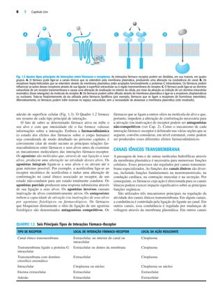 8 | Capítulo Um
adesão de superfície celular (Fig. 1.3). O Quadro 1.2 fornece
um resumo de cada tipo principal de interação.
O fato de saber se determinado fármaco ativa ou inibe o
seu alvo e com que intensidade ele o faz fornece valiosas
informações sobre a interação. Embora a farmacodinâmica
(o estudo dos efeitos dos fármacos sobre o corpo humano)
seja considerada de modo detalhado no próximo capítulo, é
conveniente citar de modo sucinto as principais relações far-
macodinâmicas entre fármacos e seus alvos antes de examinar
os mecanismos moleculares das interações fármaco–receptor.
Os agonistas são moléculas que, através de sua ligação a seus
alvos, produzem uma alteração na atividade desses alvos. Os
agonistas integrais ligam-se a seus alvos e os ativam até o
grau máximo possível. Por exemplo, a acetilcolina liga-se ao
receptor nicotínico de acetilcolina e induz uma alteração de
conformação no canal iônico associado ao receptor, de um
estado não-condutor para um estado totalmente condutor. Os
agonistas parciais produzem uma resposta submáxima através
de sua ligação a seus alvos. Os agonistas inversos causam
inativação de alvos constitutivamente ativos. Os antagonistas
inibem a capacidade de ativação (ou inativação) de seus alvos
por agonistas fisiológicos ou farmacológicos. Os fármacos
que bloqueiam diretamente o sítio de ligação de um agonista
fisiológico são denominados antagonistas competitivos. Os
fármacos que se ligam a outros sítios na molécula do alvo e que,
portanto, impedem a alteração de conformação necessária para
a ativação (ou inativação) do receptor podem ser antagonistas
não-competitivos (ver Cap. 2). Como o mecanismo de cada
interação fármaco–receptor é delineado nas várias seções que se
seguem, convém considerar, em nível estrutural, como podem
ser produzidos esses diferentes efeitos farmacodinâmicos.
CANAIS IÔNICOS TRANSMEMBRANA
A passagem de íons e de outras moléculas hidrofílicas através
da membrana plasmática é necessária para numerosas funções
celulares. Esses processos são regulados por canais transmem-
brana especializados. As funções dos canais iônicos são diver-
sas, incluindo funções fundamentais na neurotransmissão, na
condução cardíaca, na contração muscular e na secreção. Por
conseguinte, os fármacos cuja ação é direcionada para os canais
iônicos podem exercer impacto significativo sobre as principais
funções orgânicas.
São utilizados três mecanismos principais na regulação da
atividade dos canais iônicos transmembrana. Em alguns canais,
a condutância é controlada pela ligação do ligante ao canal. Em
outros canais, essa condutância é regulada por mudanças de
voltagem através da membrana plasmática. Em outros canais
A B C D
GDP
␤
␥
␣
Fig. 1.3 Quatro tipos principais de interações entre fármacos e receptores. As interações fármaco–receptor podem ser divididas, em sua maioria, em quatro
grupos. A. O fármaco pode ligar-se a canais iônicos que se estendem pela membrana plasmática, produzindo uma alteração na condutância do canal. B. Os
receptores hepta-helicoidais que se estendem através da membrana plasmática estão acoplados funcionalmente a proteínas G intracelulares. Os fármacos podem
influenciar as ações desses receptores através de sua ligação à superfície extracelular ou à região transmembrana do receptor. C. O fármaco pode ligar-se ao domínio
extracelular de um receptor transmembrana e causar uma alteração de sinalização no interior da célula, por meio da ativação ou inibição de um domínio intracelular
enzimático (boxe retangular) da molécula do receptor. D. Os fármacos podem sofrer difusão através da membrana plasmática e ligar-se a receptores citoplasmáticos
ou nucleares. Trata-se freqüentemente da via utilizada pelos fármacos lipofílicos (por exemplo, fármacos que se ligam a receptores de hormônios esteróides).
Alternativamente, os fármacos podem inibir enzimas no espaço extracelular, sem a necessidade de atravessar a membrana plasmática (não mostrado).
QUADRO 1.2 Seis Principais Tipos de Interações Fármaco–Receptor
TIPO DE RECEPTOR LOCAL DE INTERAÇÃO FÁRMACO–RECEPTOR LOCAL DA AÇÃO RESULTANTE
Canal iônico transmembrana Extracelular, no interior do canal ou
intracelular
Citoplasma
Transmembrana ligado a proteína G
intracelular
Extracelular ou dentro da membrana Citoplasma
Transmembrana com domínio
citosólico enzimático
Extracelular Citoplasma
Intracelular Citoplasma ou núcleo Citoplasma ou núcleo
Enzima extracelular Extracelular Extracelular
Adesão Extracelular Extracelular
 