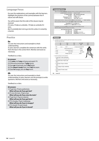 142
Language Focus
Go over the explanations and examples with the learners.
Highlight the position of the comma between the if-
clause and will-clause.
You will be aware that the order of the clauses may be
reversed:
If it rains, I’ll take an umbrella. / I’ll take an umbrella if it
rains.
But it’s probably best not to go into this unless it is raised by
a learner.
Practice
6a
Go over the instructions and example to check
understanding.
In pairs, learners complete the sentences with the verbs
from the box in the correct form. Monitor and assist as
necessary.
Feedback as a class.
6a answers
1) If it rains, he’ll stay at home and watch TV.
2) If it’s sunny tomorrow, I’ll play tennis.
3) If you go to bed early, you’ll feel better.
4) If she doesn’t study hard, she’ll fail the exam.
5) If you’re hungry, you can buy lunch.
6b
Go over the instructions and example to check
understanding. In pairs, learners use the prompts to write
questions. Monitor and assist as necessary.
Feedback as a class.
6b answers
1) If I get lost, I’ll ask a policeman.
What will you do if you get lost?
2) If I miss the train, I’ll get a taxi.
What will you do if you miss the train?
3) If I get hurt, I’ll go to a doctor.
What will you do if you get hurt?
4) If I’m hungry, I’ll get a takeaway.
What will you do if you’re hungry?
5) If I’m bored, I’ll read a book.
What will you do if you’re bored?
Practice
6 a Complete the sentences with the verbs from the box in the correct form.
Use each word only once.
Language Focus
We can use the first conditional to talk about actions or results in possible situations in the future.
possible situation in the future actions or results
if + present simple will + base form of the verb
If it rains,
If she passes the exam,
If I don’t work hard,
I’ll use an umbrella.
she’ll be happy.
I won’t* get a good job.
Notice: we put a comma ( , ) between the if and will parts of the sentences. *won’t = will not
In questions, we can put the will part of the sentence first and the if part second.
When the will part comes first, we don’t use a comma.
will + base form of the verb if + present simple
What will you do
What will she do
What will they do
if it rains?
if she goes to university?
if they finish all the soft drink?
We can use other modal verbs, such as can, might and may, instead of will.
If you finish early, you can go home.
If I have the time, I might come to the party.
be
be
buy
fail
feel
go
not study
play
rain
stay
1 If it rains , he’ll at home and watch TV.
2 If it sunny tomorrow, I’ll tennis.
3 If you to bed early, you’ll better.
4 If she hard, she’ll the exam.
5 If you hungry, you can lunch.
b Use the prompts to write questions.
1 If I get lost, I’ll ask a policeman.
What will you do if you get lost?
2 If I miss the train, I’ll get a taxi.
What
3 If I get hurt, I’ll go to a doctor.
What
4 If I’m hungry, I’ll get a takeaway.
What
5 If I’m bored, I’ll read a book.
What
Language Focus
166 Lesson 35
Lesson 35
 