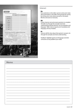 27
Interact
6a
Focus attention on the table. Learners write some notes
about themselves in the table. Demonstrate the activity
by writing some notes about yourself on the board.
Monitor and assist as necessary.
6b
In pairs, learners ask and answer questions to complete
the table. Go through the example and check
understanding. Monitor learners’use of vocabulary and
language. Make notes on good use of vocabulary and
language, and any mistakes.
6c
Learners tell the class about their partner's answers. Go
through the example and check understanding.
Feedback. Highlight good use of language and elicit
corrections of any problems you noted.
31
Interact
6 a Write about yourself in the table below.
b Work with a partner. Ask and answer questions to complete the table.
example A: What‛s your family name?
B: It‛s Jones.
A: How do you spell ‘Jones‛?
B: J-O-N-E-S.
c Tell the class about your partner’s answers.
example A: What‛s his family name?
B: It‛s Jones.
you your partner
first name
family name
age
birthday
country
family
live
job
Lesson 6
Lesson 6
Memo
 