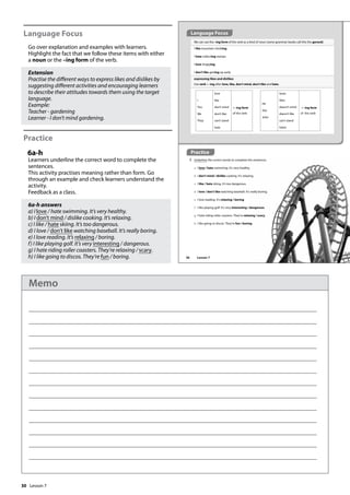 30
Language Focus
Go over explanation and examples with learners.
Highlight the fact that we follow these items with either
a noun or the –ing form of the verb.
Extension
Practise the different ways to express likes and dislikes by
suggesting different activities and encouraging learners
to describe their attitudes towards them using the target
language.
Example:
Teacher - gardening
Learner - I don’t mind gardening.
Practice
6a-h
Learners underline the correct word to complete the
sentences.
This activity practises meaning rather than form. Go
through an example and check learners understand the
activity.
Feedback as a class.
6a-h answers
a) I love / hate swimming. It’s very healthy.
b) I don’t mind / dislike cooking. It’s relaxing.
c) I like / hate skiing. It’s too dangerous.
d) I love / don’t like watching baseball. It’s really boring.
e) I love reading. It’s relaxing / boring.
f) I like playing golf. It’s very interesting / dangerous.
g) I hate riding roller coasters. They’re relaxing / scary.
h) I like going to discos. They’re fun / boring.
Practice
6 Underline the correct words to complete the sentences.
a I love / hate swimming. It’s very healthy.
b I don’t mind / dislike cooking. It’s relaxing.
c I like / hate skiing. It’s too dangerous.
d I love / don’t like watching baseball. It’s really boring.
e I love reading. It’s relaxing / boring.
f I like playing golf. It’s very interesting / dangerous.
g I hate riding roller coasters. They’re relaxing / scary.
h I like going to discos. They’re fun / boring.
We can use the –ing form of the verb as a kind of noun (some grammar books call this the gerund).
I like mountain climbing.
I hate collecting stamps.
I love shopping.
I don’t like getting up early.
expressing likes and dislikes
Use verb + -ing after love, like, don’t mind, don’t like and hate.
I
You
We
They
love
like
don’t mind
don’t like
can’t stand
hate
+ -ing form
of the verb
He
She
John
loves
likes
doesn’t mind
doesn’t like
can’t stand
hates
+ -ing form
of the verb
Language Focus
36 Lesson 7
Lesson 7
Memo
 