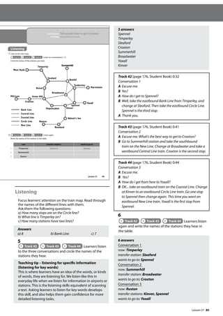 85
Listening
Focus learners’attention on the train map. Read through
the names of the different lines with them.
Ask them the following questions:
a) How many stops are on the Circle line?
b) What line is Timperley on?
c) How many stations have two lines?
Answers
a) 8 b) Bank Line c) 7
5
Track 42 Track 43 Track 44 Learners listen
to the three conversations and circle the names of the
stations they hear.
Teaching tip – listening for specific information
(listening for key words)
This is where learners have an idea of the words, or kinds
of words, they are listening for. We listen like this in
everyday life when we listen for information in airports or
stations. This is the listening skills equivalent of scanning
a text. Asking learners to listen for key words develops
this skill, and also helps them gain confidence for more
detailed listening tasks.
5 answers
Spennel
Timperley
Sleaford
Croxton
Summerhill
Broadwater
Yoxall
Kinver
Track 42 (page 176, Student Book) 0:32
Conversation 1
A Excuse me.
B Yes?
A How do I get to Spennel?
B Well, take the eastbound Bank Line from Timperley, and
change at Sleaford. Then take the eastbound Circle Line.
Spennel is the third stop.
A Thank you.
Track 43 (page 176, Student Book) 0:41
Conversation 2
A Excuse me. What’s the best way to get to Croxton?
B Go to Summerhill station and take the southbound
train on the New Line. Change at Broadwater and take a
westbound Central Line train. Croxton is the second stop.
Track 44 (page 176, Student Book) 0:44
Conversation 3
A Excuse me.
B Yes?
A How do I get from here to Yoxall?
B OK... take an eastbound train on the Coastal Line. Change
at Kinver to an eastbound Circle Line train. Go one stop
to Spennel then change again. This time you want an
eastbound New Line train. Yoxall Is the first stop from
Spennel.
6
Track 42 Track 43 Track 44 Learners listen
again and write the names of the stations they hear in
the table.
6 answers
Conversation 1
now: Timperley
transfer station: Sleaford
wants to go to: Spennel
Conversation 2
now: Summerhill
transfer station: Broadwater
wants to go to: Croxton
Conversation 3
now: Ruston
transfer stations: Kinver, Spennel
wants to go to: Yoxall
99
In this lesson: Tell people how to get to places
Function: Giving directions by train
Listening
5 Look at the train map.
Track 42 Track 43 Track 44 Listen to conversations 1-3.
Circle the names of the stations you hear.
6 Track 42 Track 43 Track 44 Listen again.
Write the names of the stations in the table.
now transfer stations wants to go to
1 Timperley Sleaford Spennel
2 Summerhill
3 Ruston
Lesson 21
Lesson 21
 