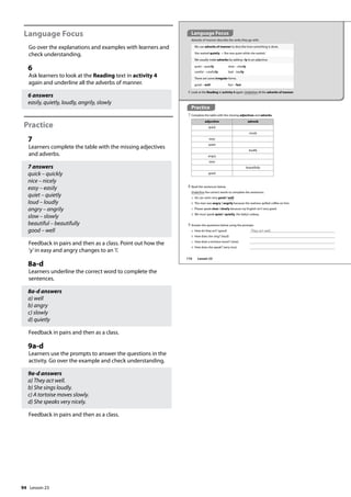 94
Language Focus
Go over the explanations and examples with learners and
check understanding.
6
Ask learners to look at the Reading text in activity 4
again and underline all the adverbs of manner.
6 answers
easily, quietly, loudly, angrily, slowly
Practice
7
Learners complete the table with the missing adjectives
and adverbs.
7 answers
quick – quickly
nice – nicely
easy – easily
quiet – quietly
loud – loudly
angry – angrily
slow – slowly
beautiful – beautifully
good – well
Feedback in pairs and then as a class. Point out how the
’y’in easy and angry changes to an ’i’.
8a-d
Learners underline the correct word to complete the
sentences.
8a-d answers
a) well
b) angry
c) slowly
d) quietly
Feedback in pairs and then as a class.
9a-d
Learners use the prompts to answer the questions in the
activity. Go over the example and check understanding.
9a-d answers
a) They act well.
b) She sings loudly.
c) A tortoise moves slowly.
d) She speaks very nicely.
Feedback in pairs and then as a class.
We use adverbs of manner to describe how something is done.
She waited quietly. = She was quiet while she waited.
We usually make adverbs by adding –ly to an adjective.
quiet – quietly slow – slowly
careful – carefully bad – badly
There are some irregular forms.
good – well fast – fast
Practice
7 Complete the table with the missing adjectives and adverbs.
8 Read the sentences below.
Underline the correct words to complete the sentences.
a He can swim very good / well.
b The man was angry / angrily because the waitress spilled coffee on him.
c Please speak slow / slowly because my English isn’t very good.
d We must speak quiet / quietly, the baby’s asleep.
9 Answer the questions below using the prompts.
a How do they act? (good) They act well.
b How does she sing? (loud)
c How does a tortoise move? (slow)
d How does she speak? (very nice)
adjective adverb
quick
nicely
easy
quiet
loudly
angry
slow
beautifully
good
6 Look at the Reading in activity 4 again. Underline all the adverbs of manner.
Adverbs of manner describe the verbs they go with.
Language Focus
110 Lesson 23
Lesson 23
 