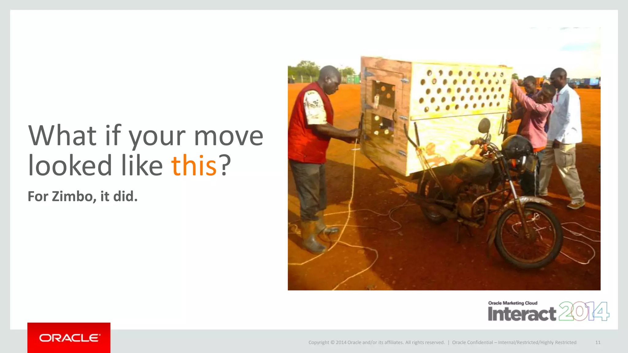 Copyright © 2014 Oracle and/or its affiliates. All rights reserved. |
What if your move
looked like this?
For Zimbo, it did.
Oracle Confidential – Internal/Restricted/Highly Restricted 11
 
