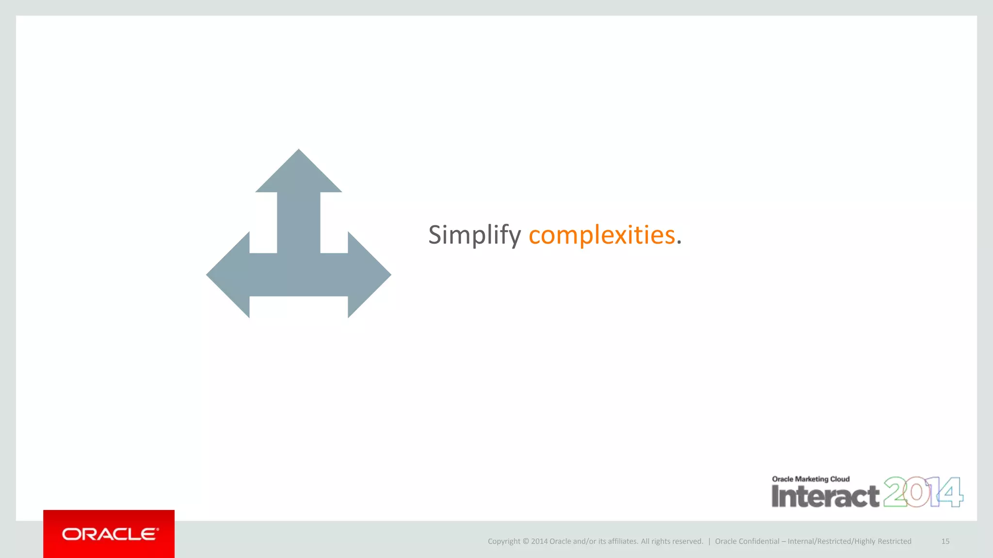 Copyright © 2014 Oracle and/or its affiliates. All rights reserved. |
Simplify complexities.
Oracle Confidential – Internal/Restricted/Highly Restricted 15
 