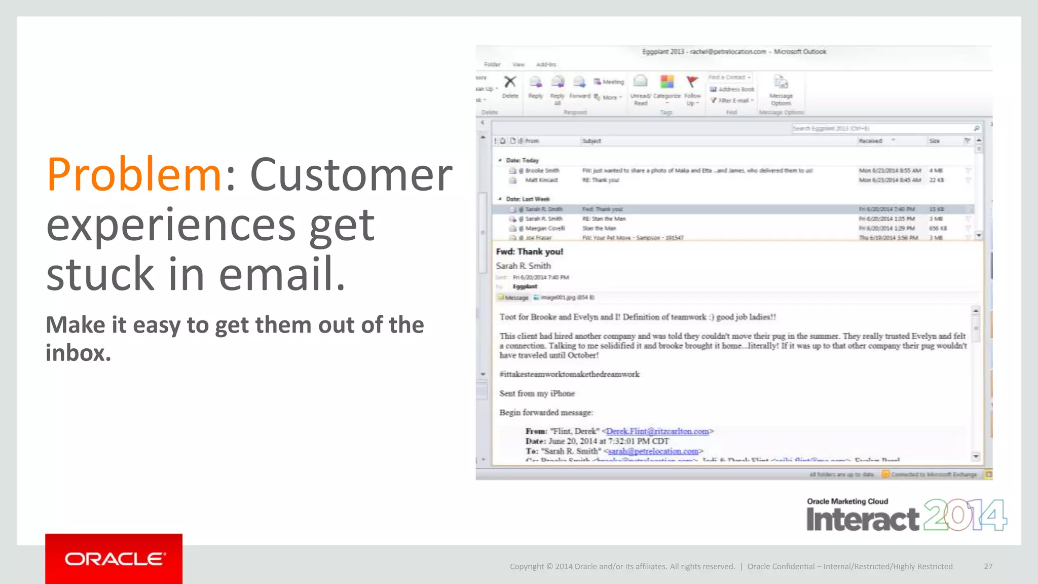 Copyright © 2014 Oracle and/or its affiliates. All rights reserved. |
Problem: Customer
experiences get
stuck in email.
Make it easy to get them out of the
inbox.
Oracle Confidential – Internal/Restricted/Highly Restricted 27
 