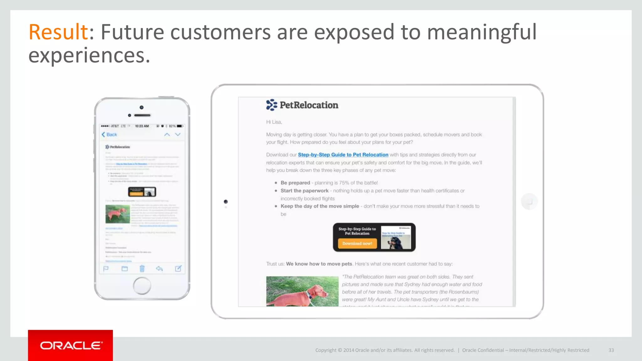 Copyright © 2014 Oracle and/or its affiliates. All rights reserved. |
Result: Future customers are exposed to meaningful
experiences.
Oracle Confidential – Internal/Restricted/Highly Restricted 33
 