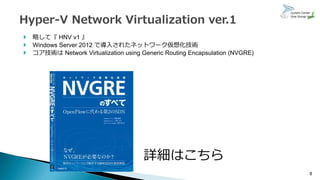 8
 略して『 HNV v1 』
 Windows Server 2012 で導入されたネットワーク仮想化技術
 コア技術は Network Virtualization using Generic Routing Encapsulati...