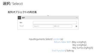 inputArguments.Select(Function(x)
Return New With {Key x.orgArg1,
Key x.orgArg2,
Key Sum(x.orgArg3)}
End Function).ToArray
選択/ Selecct
配列オブジェクトの再定義
 