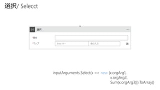 inputArguments.Select(x => new {x.orgArg1,
x.orgArg2,
Sum(x.orgArg3)}).ToArray()
選択/ Selecct
 