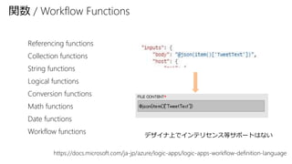 関数 / Workflow Functions
Referencing functions
Collection functions
String functions
Logical functions
Conversion functions
Math functions
Date functions
Workflow functions デザイナ上でインテリセンス等サポートはない
https://docs.microsoft.com/ja-jp/azure/logic-apps/logic-apps-workflow-definition-language
 