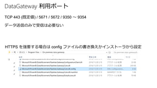 DataGateway 利用ポート
TCP 443 (既定値) / 5671 / 5672 / 9350 ～ 9354
データ送信のみで受信は必要ない
HTTPS を強要する場合は config ファイルの書き換えかインストーラから設定
 