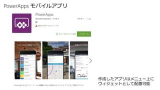 PowerApps モバイルアプリ
作成したアプリはメニュー上に
ウィジェットとして配置可能
 