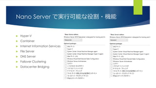 Nano Server で実行可能な役割・機能
 Hyper-V
 Container
 Internet Information Services
 File Server
 DNS Server
 Failover Clustering
 Datacenter Bridging
 