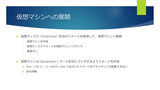 仮想マシンへの展開
 仮想ディスク（vhd/vhdx）形式のイメージを使用して、仮想マシンへ展開
1. 仮想マシンを作成
2. 仮想ディスクイメージを仮想マシンへアタッチ
3. 電源オン
 仮想マシンの Generation / ブート形式にマッチするようイメージを作成
 Gen 1 VM に、ツールから vhdx で出力したイメージをアタッチしても起動できない
 逆も同様
 