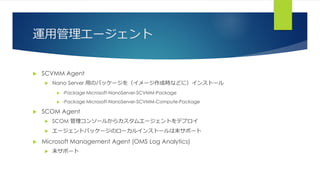 運用管理エージェント
 SCVMM Agent
 Nano Server 用のパッケージを（イメージ作成時などに）インストール
 -Package Microsoft-NanoServer-SCVMM-Package
 -Package Microsoft-NanoServer-SCVMM-Compute-Package
 SCOM Agent
 SCOM 管理コンソールからカスタムエージェントをデプロイ
 エージェントパッケージのローカルインストールは未サポート
 Microsoft Management Agent (OMS Log Analytics)
 未サポート
 