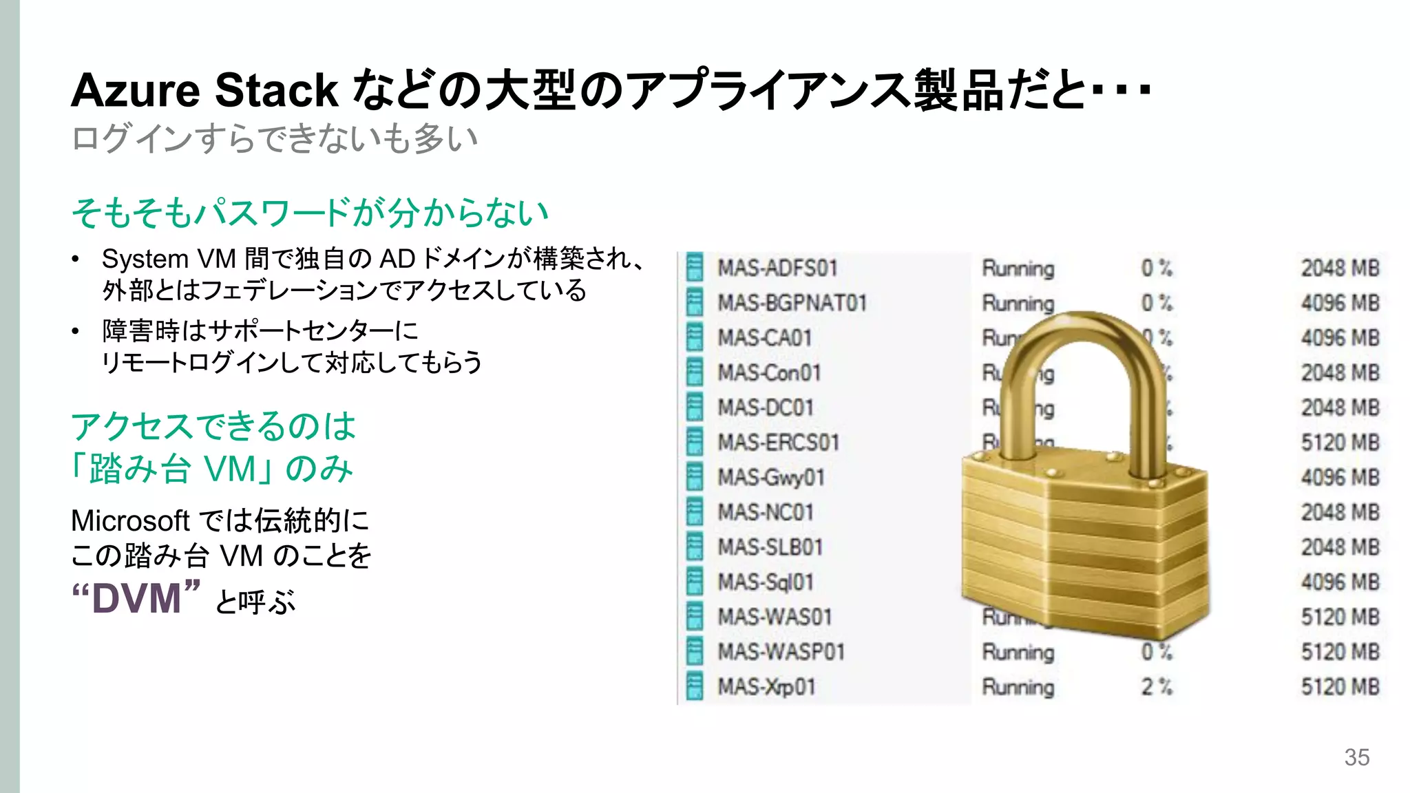 ログインすらできないも多い
そもそもパスワードが分からない
• System VM 間で独自の AD ドメインが構築され、
外部とはフェデレーションでアクセスしている
• 障害時はサポートセンターに
リモートログインして対応してもらう
アクセスできるのは
「踏み台 VM」 のみ
Microsoft では伝統的に
この踏み台 VM のことを
“DVM” と呼ぶ
35
Azure Stack などの大型のアプライアンス製品だと・・・
 