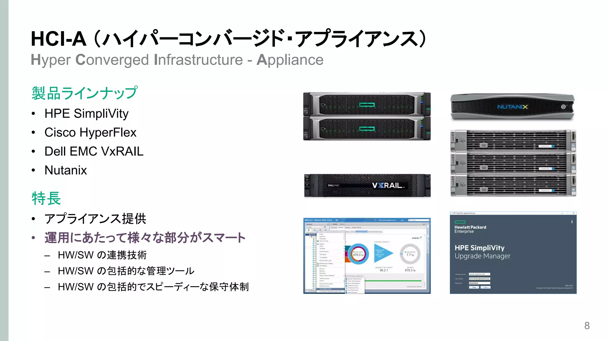 Hyper Converged Infrastructure - Appliance
製品ラインナップ
• HPE SimpliVity
• Cisco HyperFlex
• Dell EMC VxRAIL
• Nutanix
特長
• アプライアンス提供
• 運用にあたって様々な部分がスマート
– HW/SW の連携技術
– HW/SW の包括的な管理ツール
– HW/SW の包括的でスピーディーな保守体制
8
HCI-A （ハイパーコンバージド・アプライアンス）
 