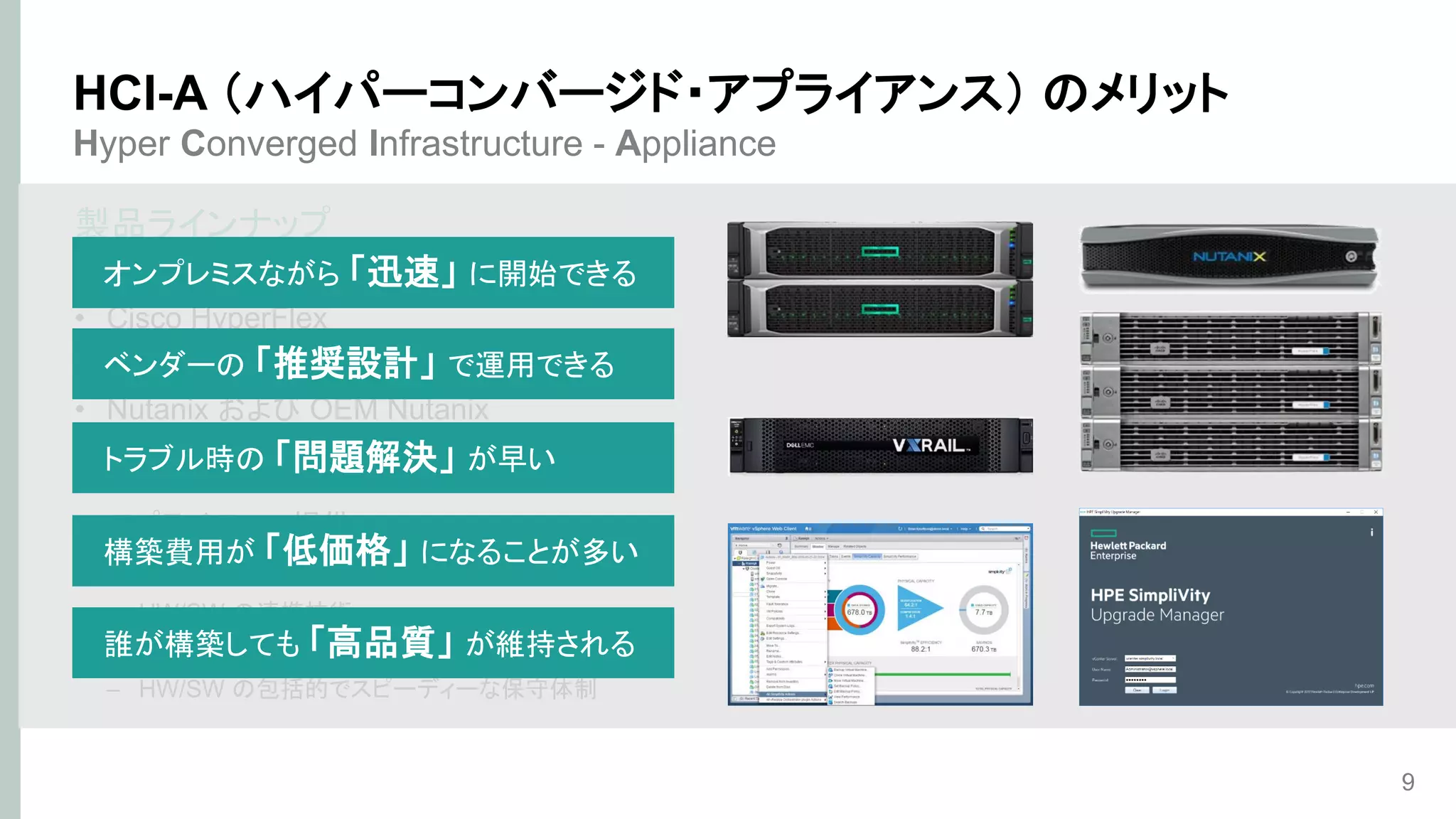 Hyper Converged Infrastructure - Appliance
製品ラインナップ
• HPE SimpliVity シリーズ、HC シリーズ
• Cisco HyperFlex
• Dell EMC VxRAIL
• Nutanix および OEM Nutanix
特長
• アプライアンス提供
• 運用にあたって様々な部分がスマート
– HW/SW の連携技術
– HW/SW の包括的な管理ツール
– HW/SW の包括的でスピーディーな保守体制
9
HCI-A （ハイパーコンバージド・アプライアンス） のメリット
オンプレミスながら 「迅速」 に開始できる
ベンダーの 「推奨設計」 で運用できる
構築費用が 「低価格」 になることが多い
誰が構築しても 「高品質」 が維持される
トラブル時の 「問題解決」 が早い
 