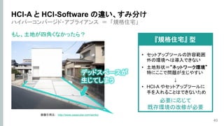ハイパーコンバージド・アプライアンス ＝ 「規格住宅」
もし、土地が四角くなかったら？
40
HCI-A と HCI-Software の違い、すみ分け
画像引用元： http://www.casacube.com/works/
• セットアップツールの許容範囲
外の環境へは導入できない
• 土地形状＝“ネットワーク環境”
特にここで問題が生じやすい
↓
• HCI-A やセットアップツールに
手を入れることはできないため
必要に応じて
既存環境の改修が必要
『規格住宅』 型
デッドスペースが
生じてしまう
 