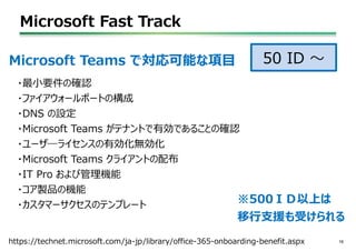 Microsoft Fast Track
16
50 ID ～
https://technet.microsoft.com/ja-jp/library/office-365-onboarding-benefit.aspx
・最小要件の確認
・ファイアウォールポートの構成
・DNS の設定
・Microsoft Teams がテナントで有効であることの確認
・ユーザ―ライセンスの有効化無効化
・Microsoft Teams クライアントの配布
・IT Pro および管理機能
・コア製品の機能
・カスタマーサクセスのテンプレート
Microsoft Teams で対応可能な項目
※500ＩＤ以上は
移行支援も受けられる
 
