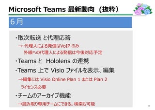 Microsoft Teams 最新動向 (抜粋）
19
・取次転送 と代理応答
→ 代理人による発信はVoIP のみ
外線への代理人による発信は今後対応予定
・Teams と Hololens の連携
・Teams 上で Visio ファイルを表示、編集
→編集には Visio Online Plan 1 または Plan 2
ライセンス必要
・チームのアーカイブ機能
→読み取り専用チームにできる。検索も可能
６月
 