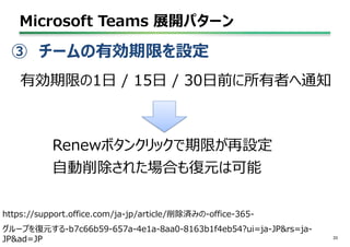 Microsoft Teams 展開パターン
33
③ チームの有効期限を設定
有効期限の1日 / 15日 / 30日前に所有者へ通知
Renewボタンクリックで期限が再設定
自動削除された場合も復元は可能
https://support.office.com/ja-jp/article/削除済みの-office-365-
グループを復元する-b7c66b59-657a-4e1a-8aa0-8163b1f4eb54?ui=ja-JP&rs=ja-
JP&ad=JP
 