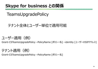 Skype for business との関係
54
Grant-CSTeamsUpgradePolicy –PolicyName [ポリシー名] –identity [ユーザーのSIPアドレス]
TeamsUpgradePolicy
テナント全体とユーザー単位で適用可能
ユーザー適用（例）
Grant-CSTeamsUpgradePolicy –PolicyName [ポリシー名]
テナント適用（例）
 