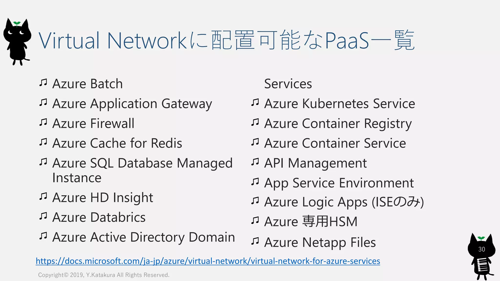 Virtual Networkに配置可能なPaaS一覧
Azure Batch
Azure Application Gateway
Azure Firewall
Azure Cache for Redis
Azure SQL Database Managed
Instance
Azure HD Insight
Azure Databrics
Azure Active Directory Domain
Services
Azure Kubernetes Service
Azure Container Registry
Azure Container Service
API Management
App Service Environment
Azure Logic Apps (ISEのみ)
Azure 専用HSM
Azure Netapp Files
Copyright© 2019, Y.Katakura All Rights Reserved.
30
https://docs.microsoft.com/ja-jp/azure/virtual-network/virtual-network-for-azure-services
 