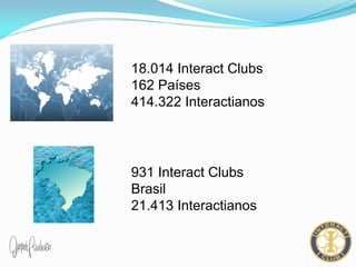 18.014 Interact Clubs
162 Países
414.322 Interactianos
931 Interact Clubs
Brasil
21.413 Interactianos
 