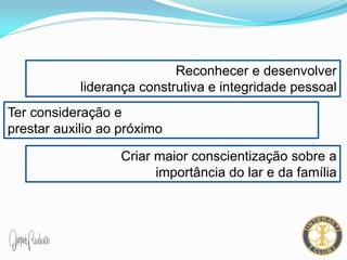 Reconhecer e desenvolver
liderança construtiva e integridade pessoal
Ter consideração e
prestar auxilio ao próximo
Criar maior conscientização sobre a
importância do lar e da família
 