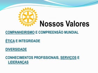 COMPANHEIRISMO E COMPREENSÃO MUNDIAL
ÉTICA E INTEGRIDADE
DIVERSIDADE
CONHECIMENTOS PROFISSIONAIS, SERVIÇOS E
LIDERANÇAS
Nossos Valores
 