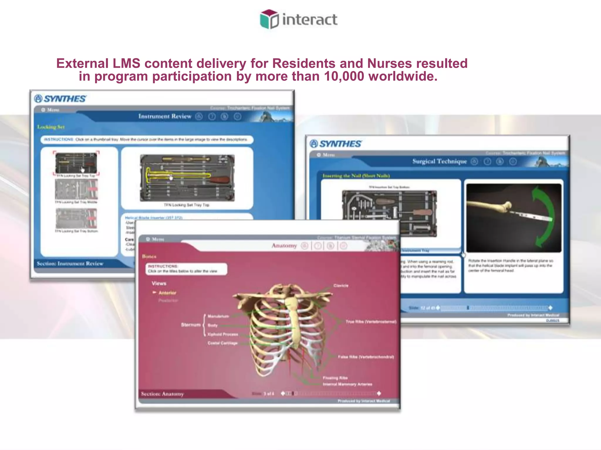 External LMS content delivery for Residents and Nurses resulted
   in program participation by more than 10,000 worldwide.
 