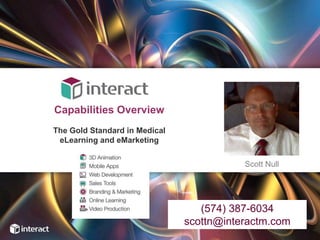 Capabilities Overview
The Gold Standard in Medical
 eLearning and eMarketing


                                          Scott Null




                                  (574) 387-6034
                               scottn@interactm.com
 